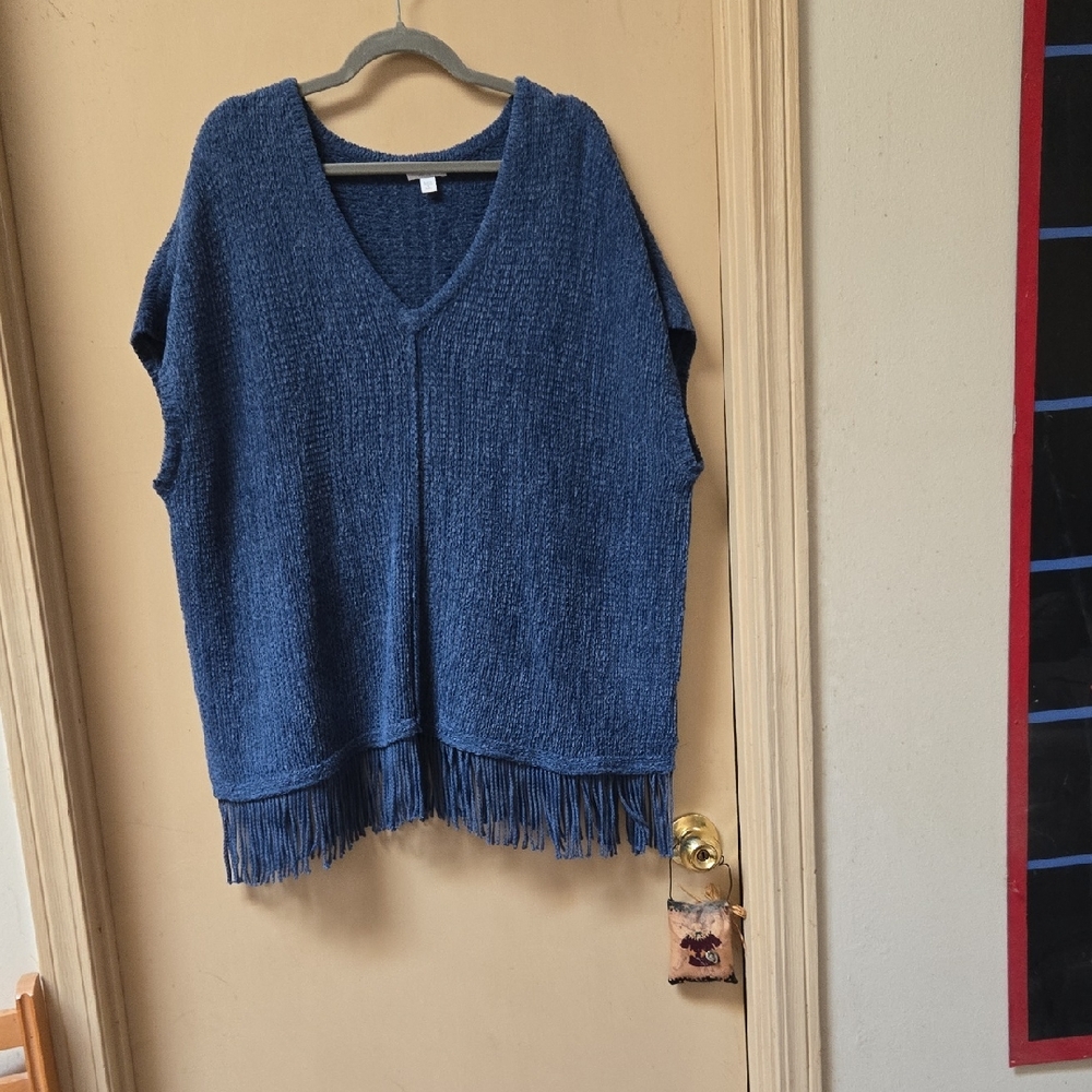 Blue V-Neck Sweater with Fringe Detail
